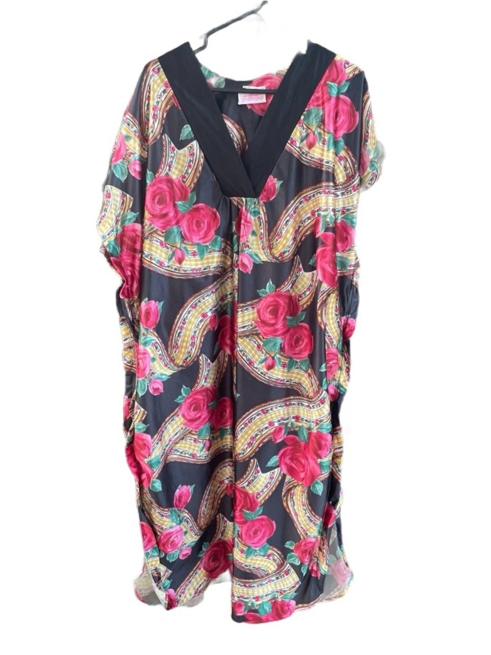 Featherbed • Vtg • 1960’s • Floral • Satin • Black/Red • Large •Kaftan Nightgown
